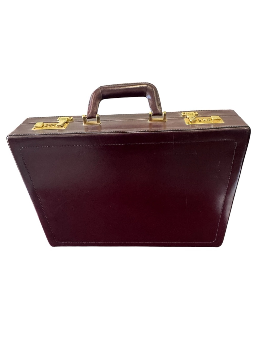 High End Franzen Deep Maroon Top Grain Vintage Leather Briefcase & Gold Hardware